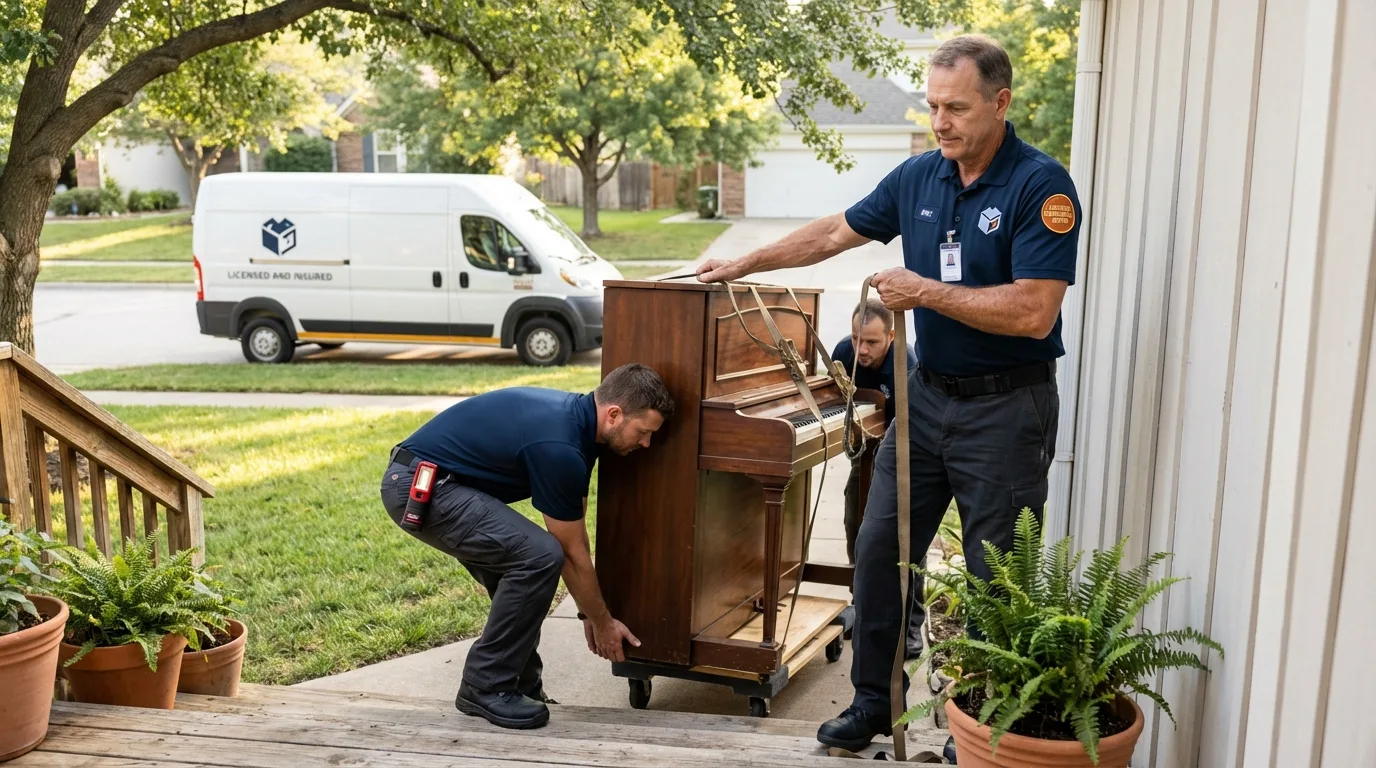 Licensed piano movers securing grand piano in Fitzwilliam, NH