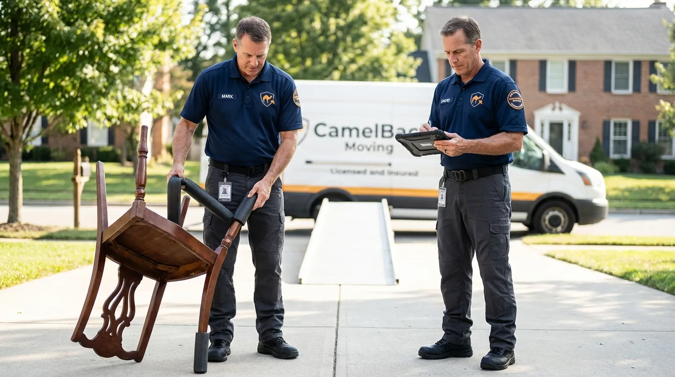 Movers inspecting furniture for damage prevention before loading in Fitzwilliam, NH